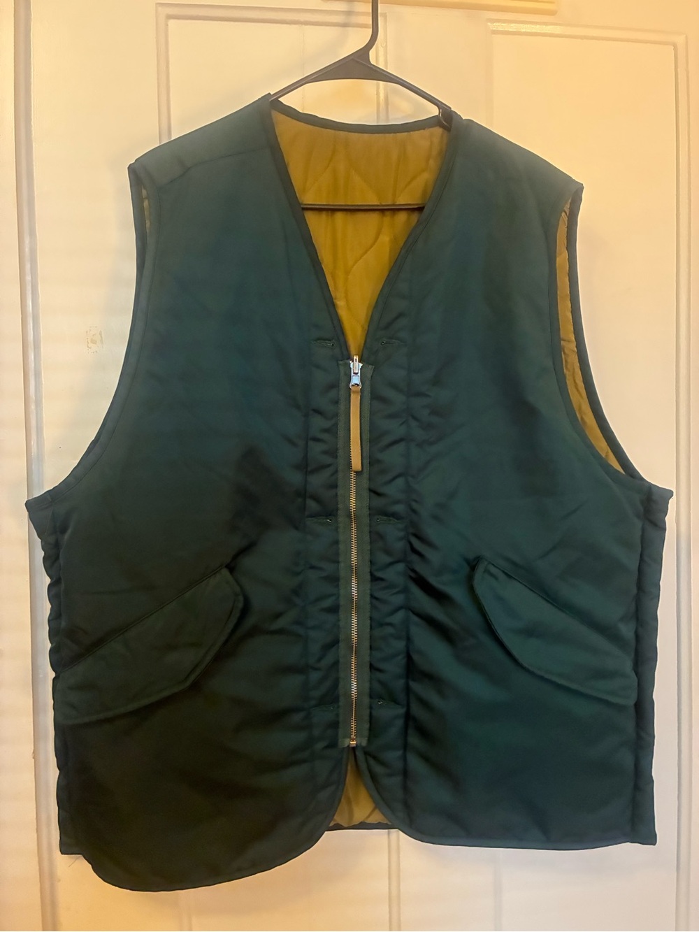 BDG Quilted Reversible Vest in Dark Green with Mustard Lining